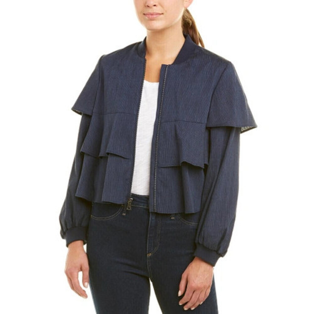 BCBGMAXAZRIA Women's Pinstripe Tiered Jacket Full Zip Ruffle Sleeve Navy XS $450